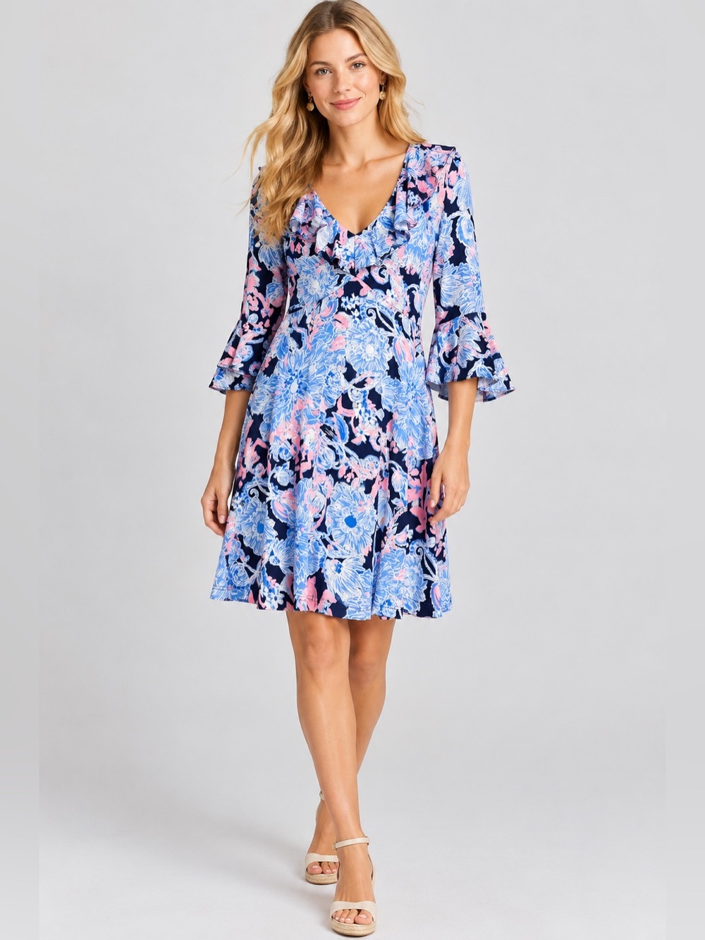 Lilly Pulitzer XS Ruffle V-Neck Floral Dress 3/4 Bell Sleeve Pink Blue